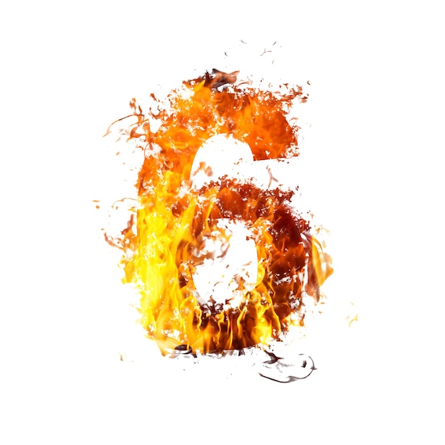 Number 6, made with fire flames isolated on white. Fire flame font of full alphabet set of upper case letters.