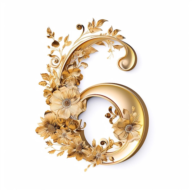 Photo number 6 six with gold floral logo design on a white background and gold composition