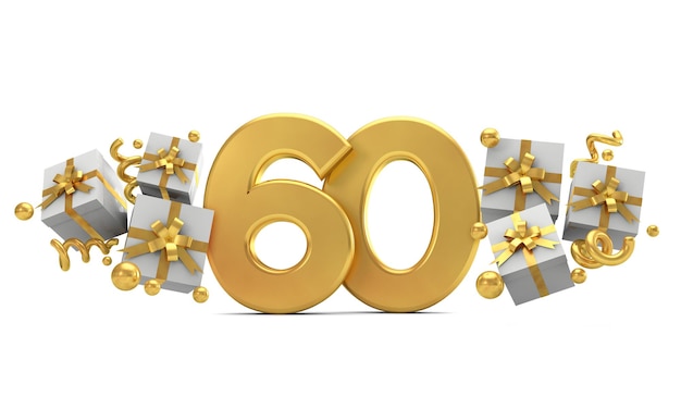 Photo number 60 gold birthday celebration number with gift boxes 3d rendering