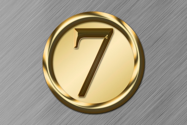 Number 7 in gold in a golden circle on a Metalic background Graphic resource concept