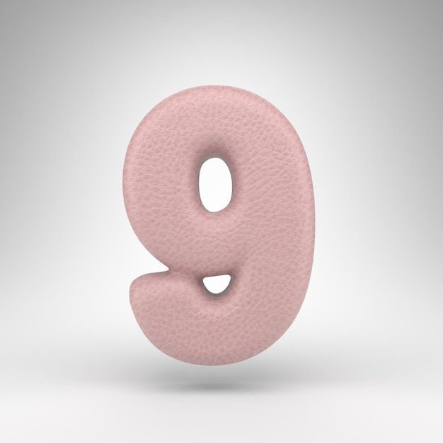 Number 9 on white background. Pink leather 3D rendered number with skin texture.