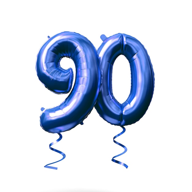 Number 90 blue foil helium balloon isolated on a white background 3D Render