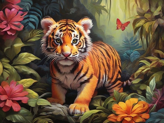 Number of baby tiger hiking through a jungle colorful artwork