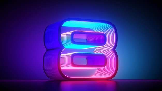 Number Eight futuristic digital symbol pink blue gradient neon light glowing in the dark 3d render