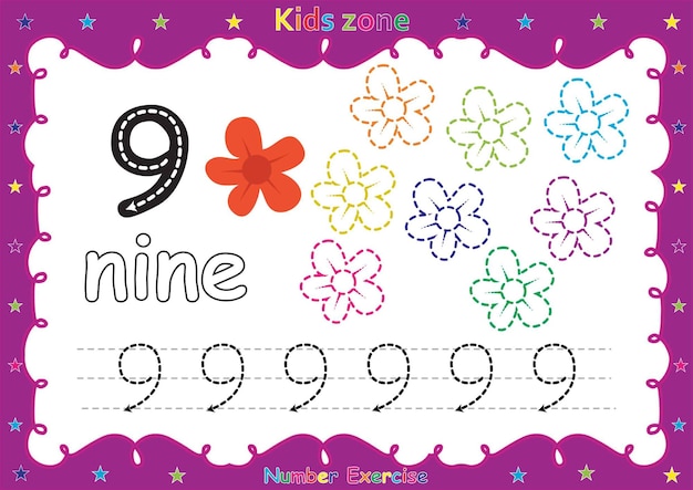 Number exercise with cartoon coloring book kids illustration.