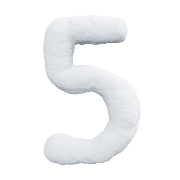 Number five made of snow Winter font on a white background Realistic 3D render