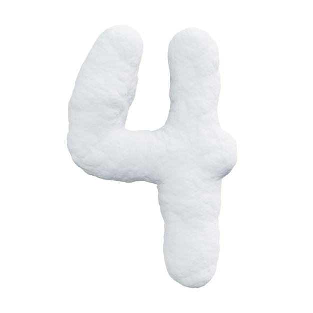 Number four made of snow Winter font on a white background Realistic 3D render