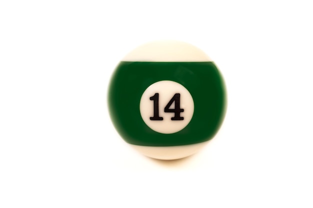 Number fourteen pool ball on a white background with copy space