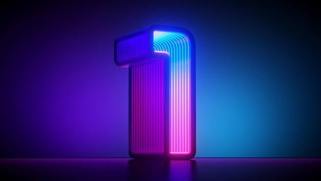 Number One futuristic digital symbol pink blue gradient neon light glowing in the dark 3d render