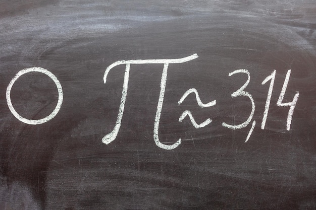 Number pi handwritten with white chalk on a blackboard.