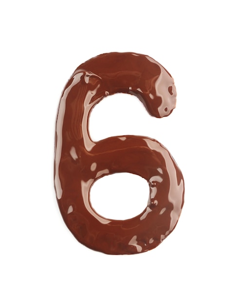 Number six made of liquid chocolate isolated on white