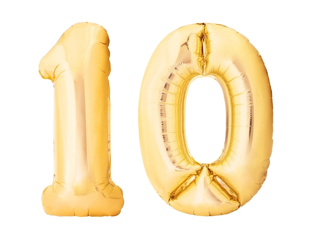 Number  ten made of golden inflatable balloons isolated on white background helium balloon ten  number