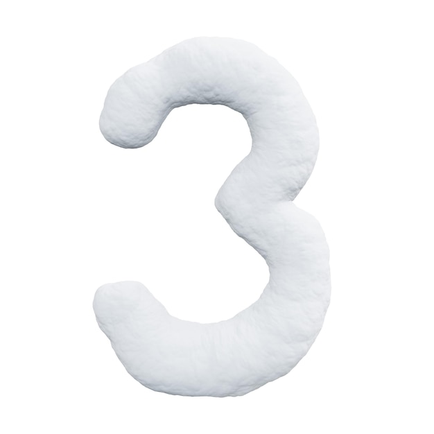 Number three made of snow Winter font on a white background Realistic 3D render