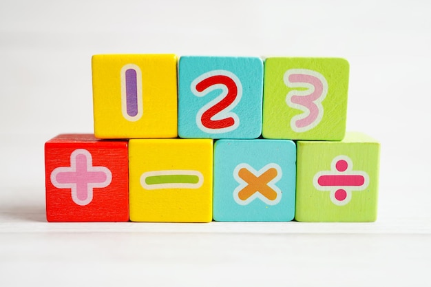 Number wood block cubes for learning Mathematic education math concept