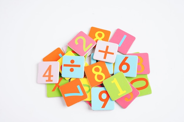 Photo number wood block cubes for learning mathematic education math concept