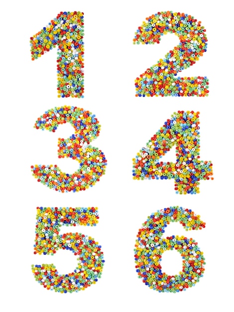 Numbers 1 through 6 made from colorful glass beads on a white background