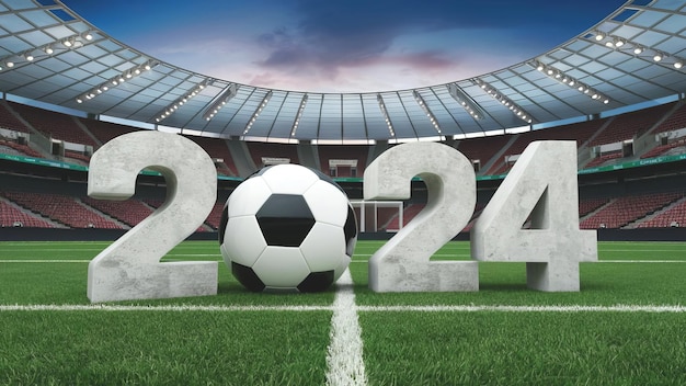 Numbers 2024 and soccer ball on a football stadium opening of games Euro 2024 Championship