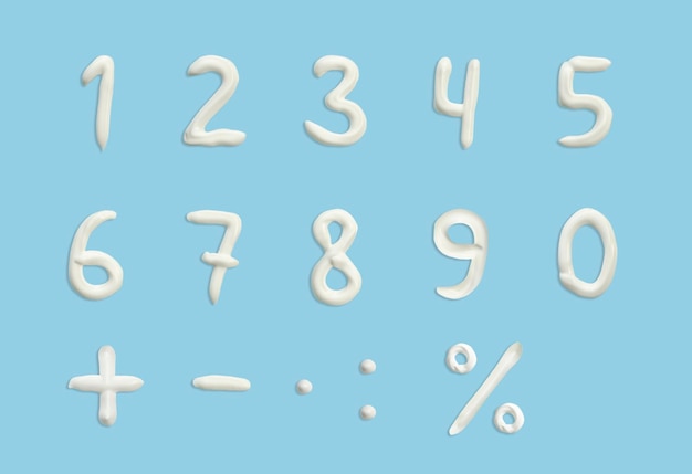 Numbers of English alphabet in the form of squeezed cream in white on a blue background