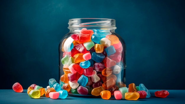 Numerous candies of various shades and shapes overflowing a glass jar Generative AI