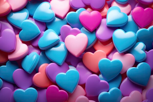 Numerous colorful plastic hearts in shades of pink blue and purple creating a textured background