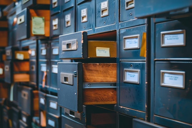 Photo numerous filing cabinets lined up against a wall each cabinet filled with labeled drawers a row of file cabinets with neatly labeled drawers