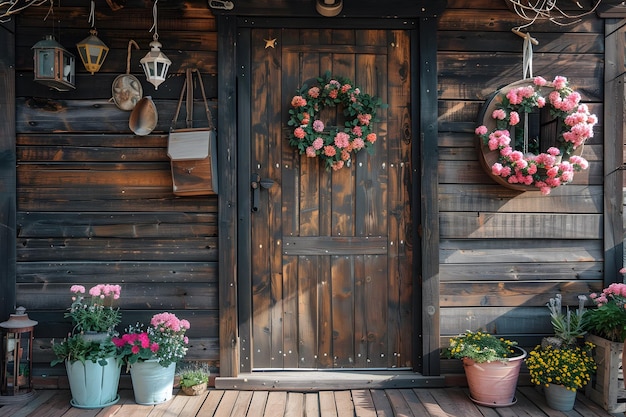 Numerous flower pots outside a quaint cabin