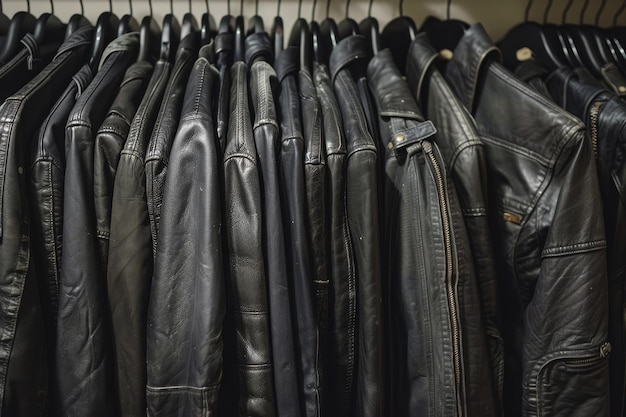 Photo numerous leather jackets neatly displayed on a clothing rack racks of sleek leather jackets and pants