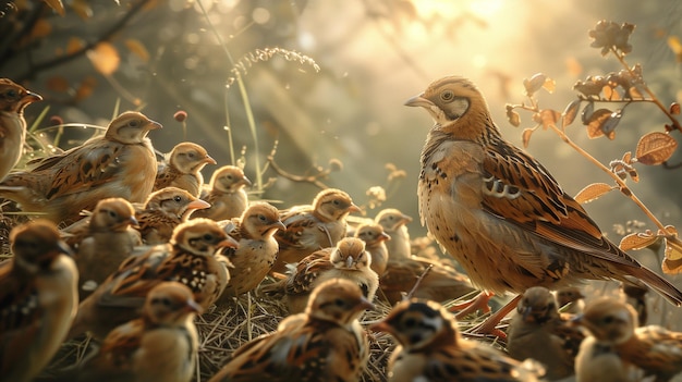 Photo numerous quails gather on the ground filtering through nearby foliage on a peaceful farm