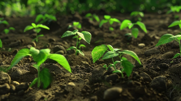 Numerous seedlings push through dark rich soil highlighted by dappled sunlight amidst a backdrop of lush greenery