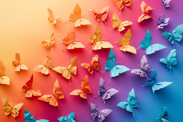 Numerous vibrant origami butterflies adorn a gradient backdrop