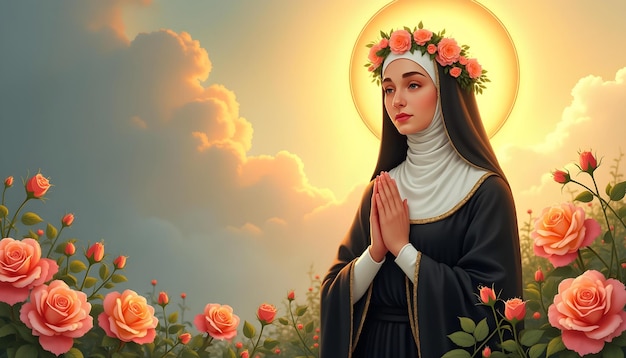 a nun in a garden with flowers and a sun behind her head