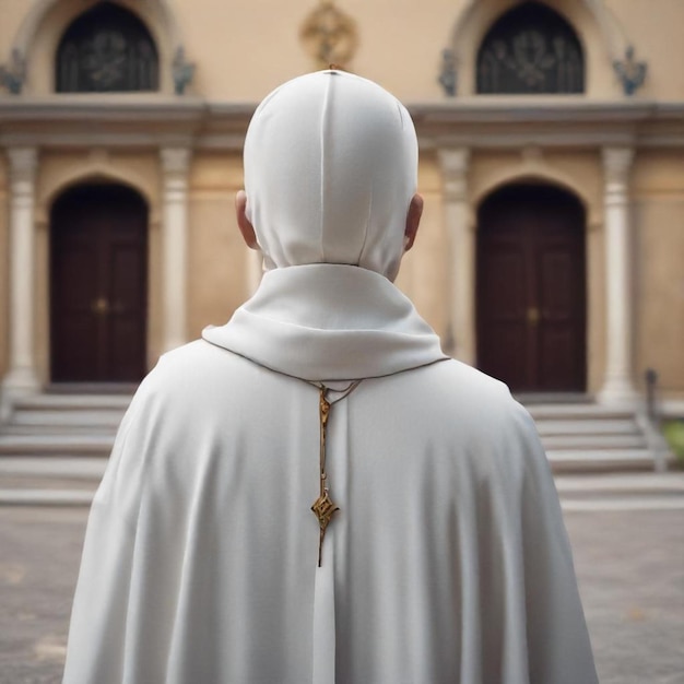 a nun is standing in front of a church with a cross on the back