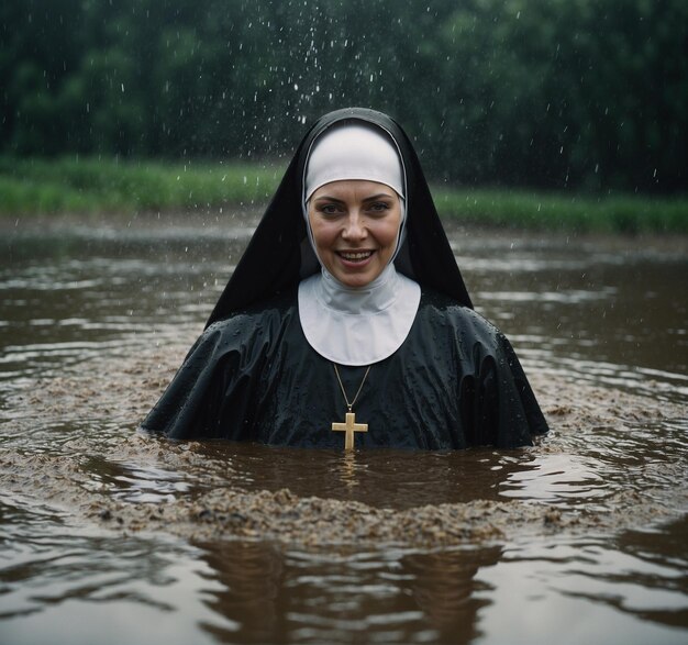 a nun is wearing a black nun in the water