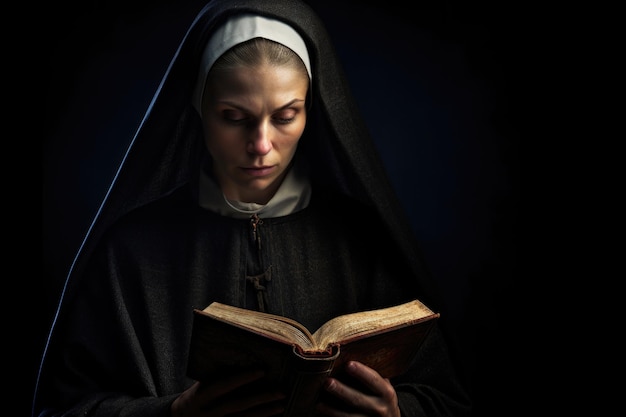 A nun reading a book in a dimly lit room Perfect for religious themes or mysterious atmospheres