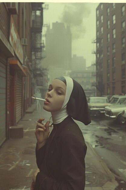 Photo nun smoking cigarette on a rainy day in a city generative ai