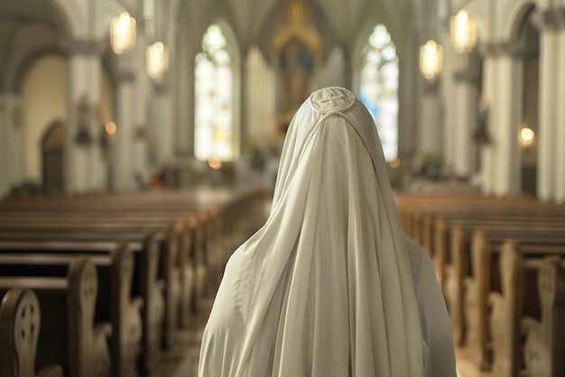 Nun in white dress in a church Ai Generated