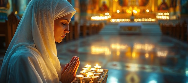 Photo a nun in white robes prays in an orthodox church surrounded by icons and lit candles during a serene moment of devotion