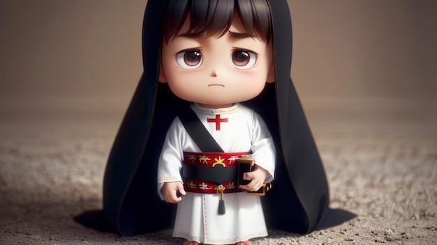 A nun with a red cross on his chest stands on the floor.