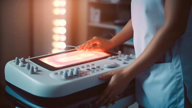 A nurse adjusts medical equipment Medical personnel in the clinic The work of an assistant doctor closeup