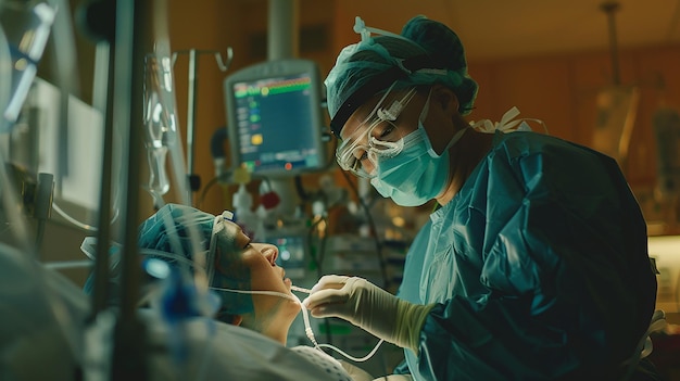 a nurse anesthetist administering anesthesia to a patient before surgery captured in the soft mornin