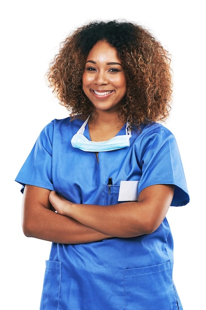 Nurse arms crossed and portrait of black woman in studio isolated on white background Medic healthcare and confident proud and happy female medical physician from Nigeria ready for wellness goals