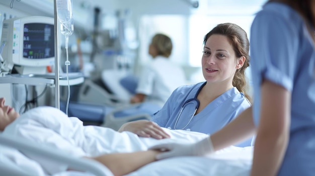 Photo nurse caring for patient in hospital room