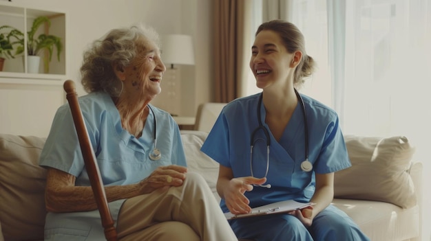 Photo a nurse chatting with elderly patient