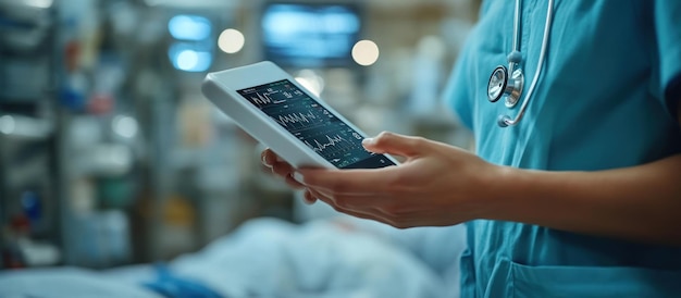 Photo nurse checking patients vital signs on a tablet