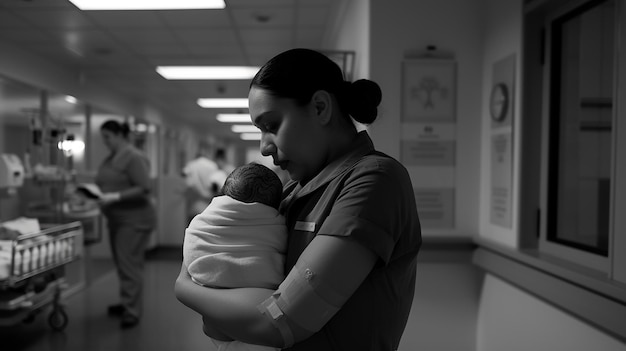 Nurse cradling a day old infant newborn baby