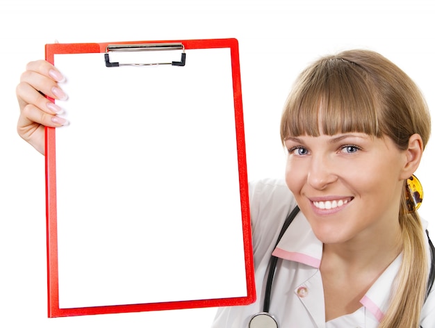 Nurse / doctor showing blank clipboard sign