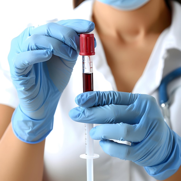 nurse draws blood sample from patients finger with finger prick method isolated on white