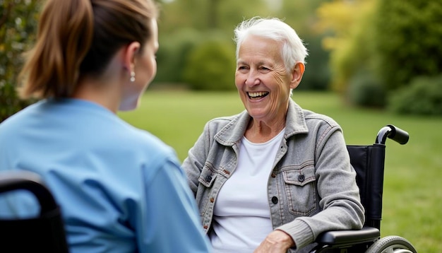 Photo nurse engages with joyful senior during rehabilitation in the garden