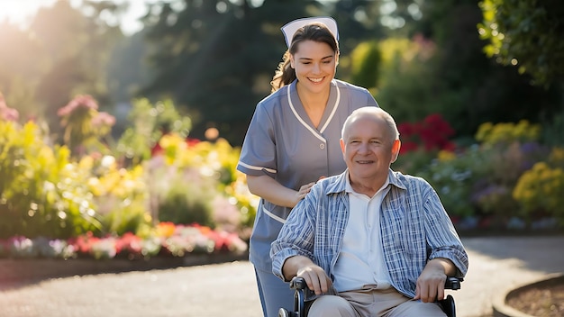 Nurse from care home and senior man in wheelchair walking outdoors