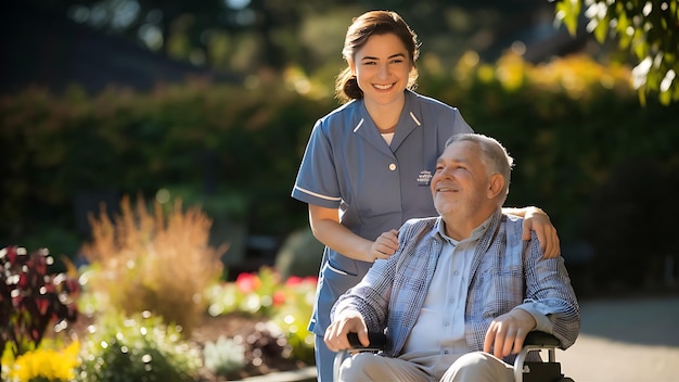 Nurse from care home and senior man in wheelchair walking outdoors